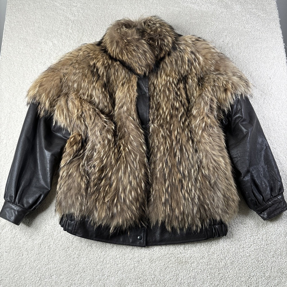 FINN RACCOON Fur Jacket Men's Size Medium Coat Lamb‎ Leather Sleeves Brown